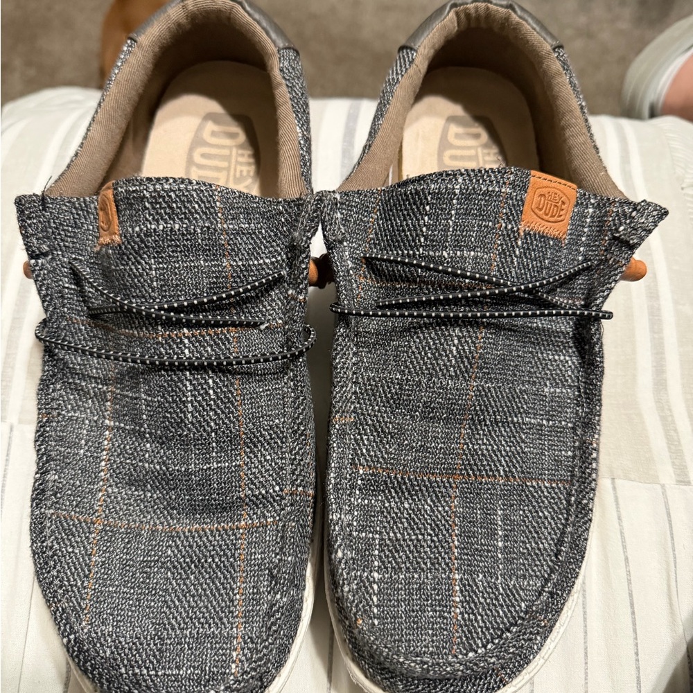 Hey Dude Wally Stretch Gray Plaid Slip-On Loafers with Tan Accents